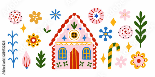 Gingerbread House And Floral Ornament Vector Illustration With Decorative Elements