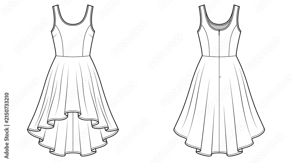 Fototapeta premium Dress Fashion Technical Flat Sketch Front and Back Views Vector Illustration for Patternmaking, Sewing and Apparel Design