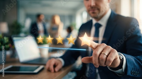 Five Star Rating: A businessman in a sharp suit gives a perfect five-star rating by touching the glowing star, representing excellent customer service and high satisfaction.