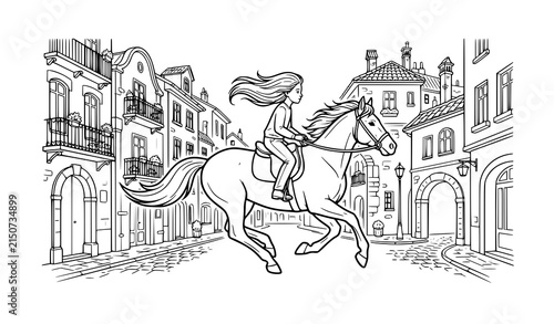 Boy Riding Horse Through Old Town Street Black and White Vector Icon