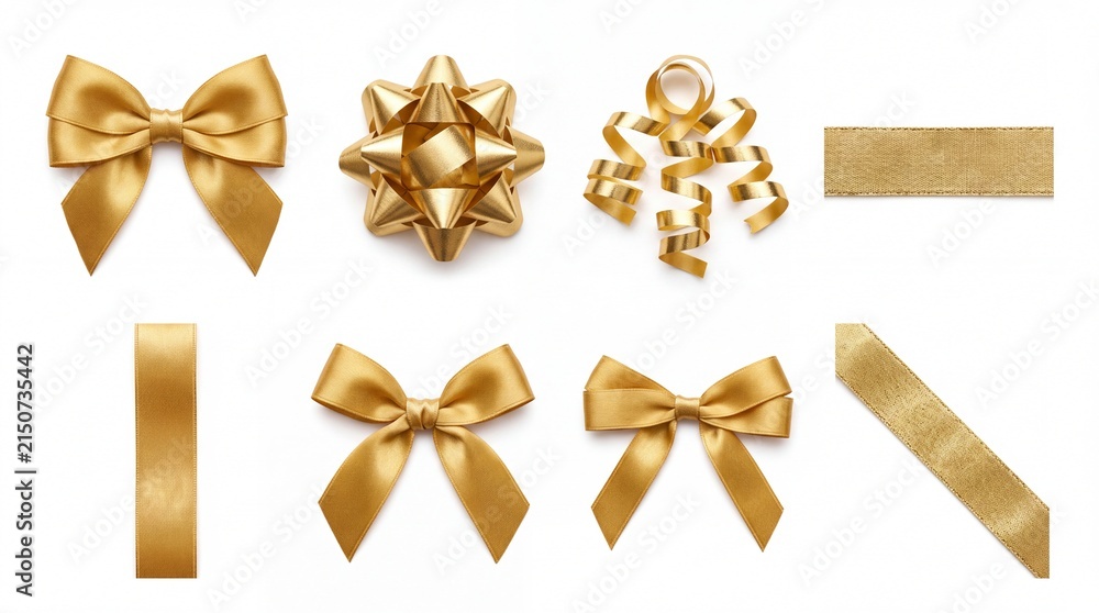 Obraz premium Golden decorative gift ribbons and shiny bows collected for holiday present wrapping displays isolated in studio lighting on white background