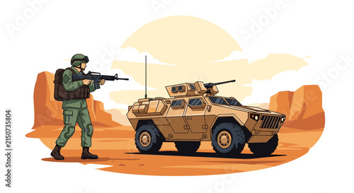 Armed soldier standing in a desert canyon next to a tactical military vehicle during a scouting mission in a harsh environment.