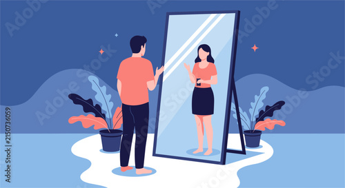 Conceptual illustration of a person looking at their reflection in a mirror reflecting their true personal gender identity.