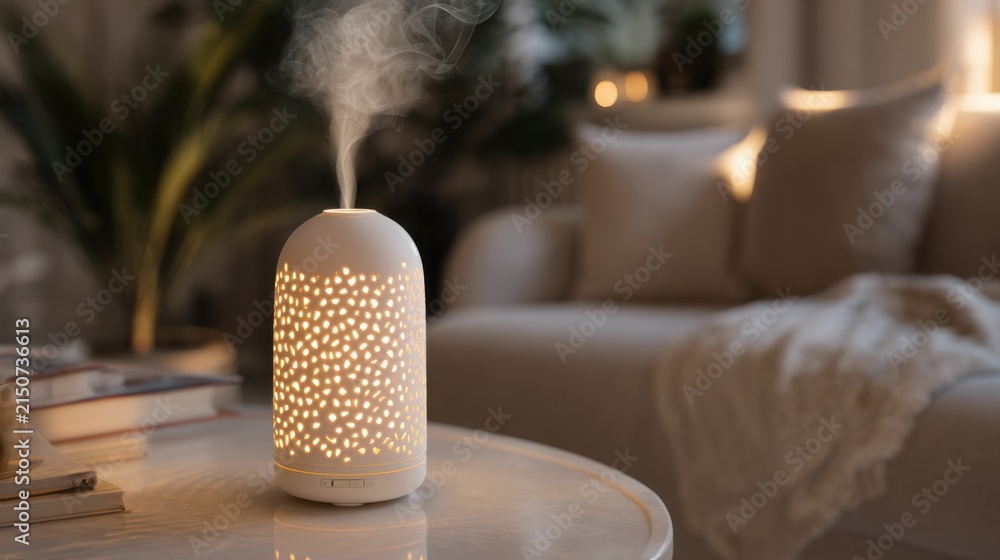 Obraz premium Elegant ceramic aroma diffuser releasing delicate illuminated mist, cozy luxury living room background, wellness and relaxation technology concept