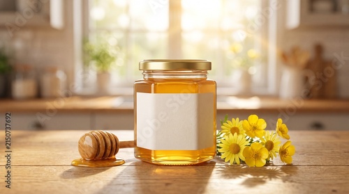 Blank clear glass honey jar mockup with gold lid on wooden table with honey dipper