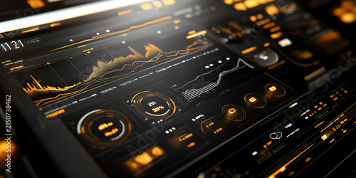 Futuristic High-Tech Digital Dashboard Interface with Data Visualization and Interactive Golden Control Panel for Advanced Analytics