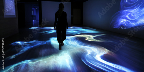 Silhouette of a person interacting with immersive digital light projections and fluid data visualization in a dark gallery