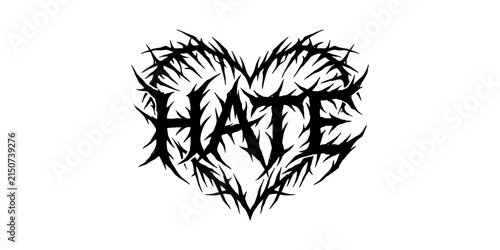 Foto Heart shape with thorns and word hate in gothic font.