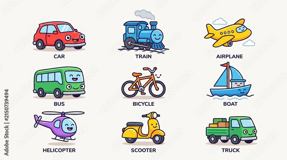 Naklejka premium Cute colorful cartoon vehicle collection featuring various transportation modes for kids learning
