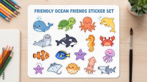 Friendly Ocean Animals Sticker Set with Cute Sea Creatures and Kawaii Marine Life