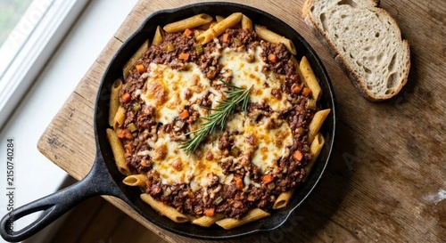 Penne Pasta with Bolognese Sauce in Cast Iron Skillet on Wooden Board
Penne com molho à bolonhesa em frigideira de ferro fundido sobre tábua de madeira