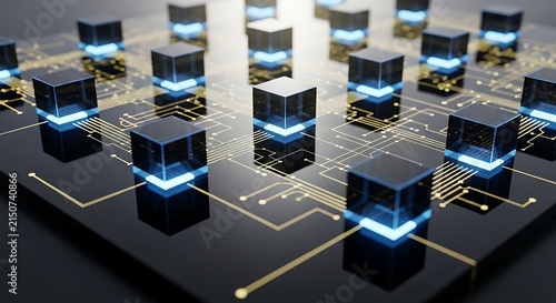 Futuristic Glass Cubes Rising Above Circuit Board Grid