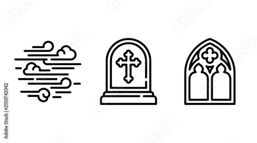 Gothic and atmospheric icon set including wind gust christian gravestone cathedral window with gravestone cathedral tombstone atmosphere cemetery architecture religious christian monument