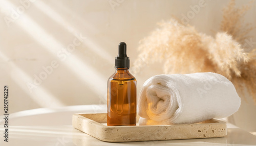 Skincare Oil Bottle and White Cotton Towel