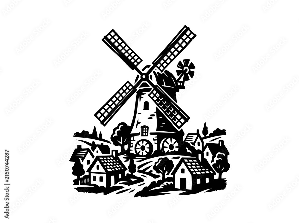 Fototapeta premium Agriculture Industry Rustic Windmill Village Landscape Black and White Woodcut Illustration