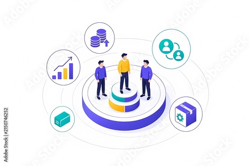Isometric business team analyzing financial data and metrics platform