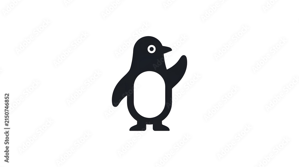 Obraz premium Charming black and white graphic illustration of a friendly arctic penguin standing with a raised flipper, symbolizing a warm greeting or playful welcome