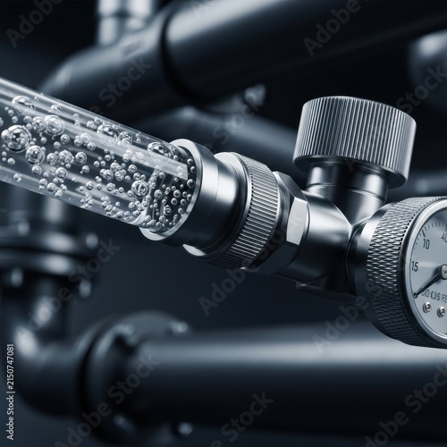 Clear flexible tubing with rising bubbles connected to an industrial pressure gauge and metal pipes