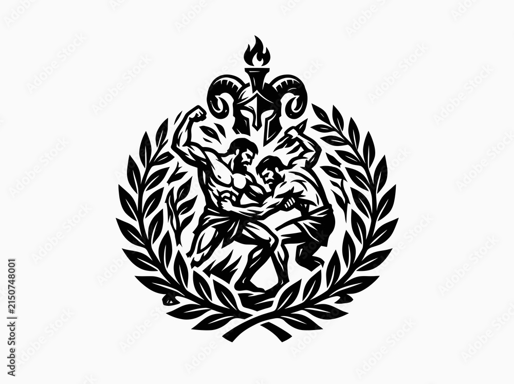 Fototapeta premium Ancient Greco-Roman Wrestling Emblem: Black White Vector Illustration of Grappling Men, Laurel Wreath, Helmet Torch