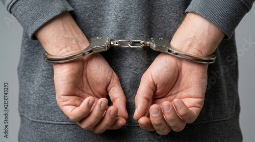 Man's hands cuffed behind back, crime, arrest, legal justice concept