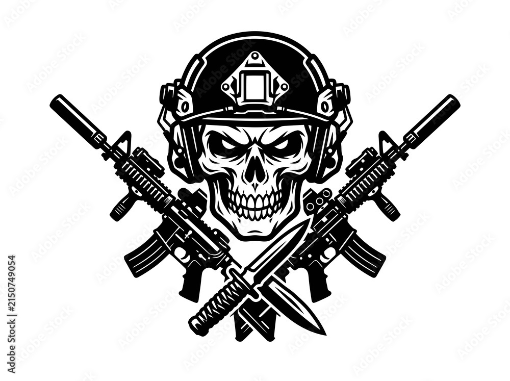 Fototapeta premium Black and white skull in tactical helmet with guns and knife vector art