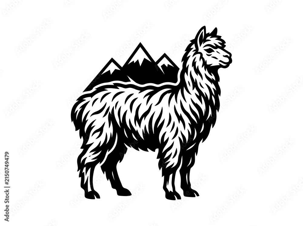 Naklejka premium Monochrome Stylized Alpaca and Mountain Vector Illustration Logo for Nature, Outdoor, and Animal Concepts