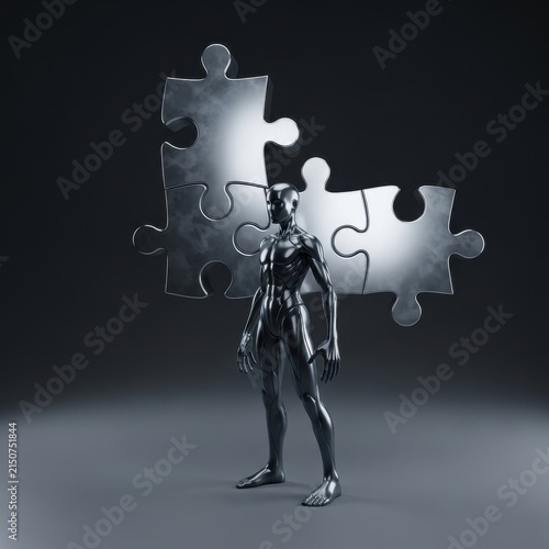 Futuristic metallic robot figure interacting with large interlocking abstract puzzle pieces on a dark studio background