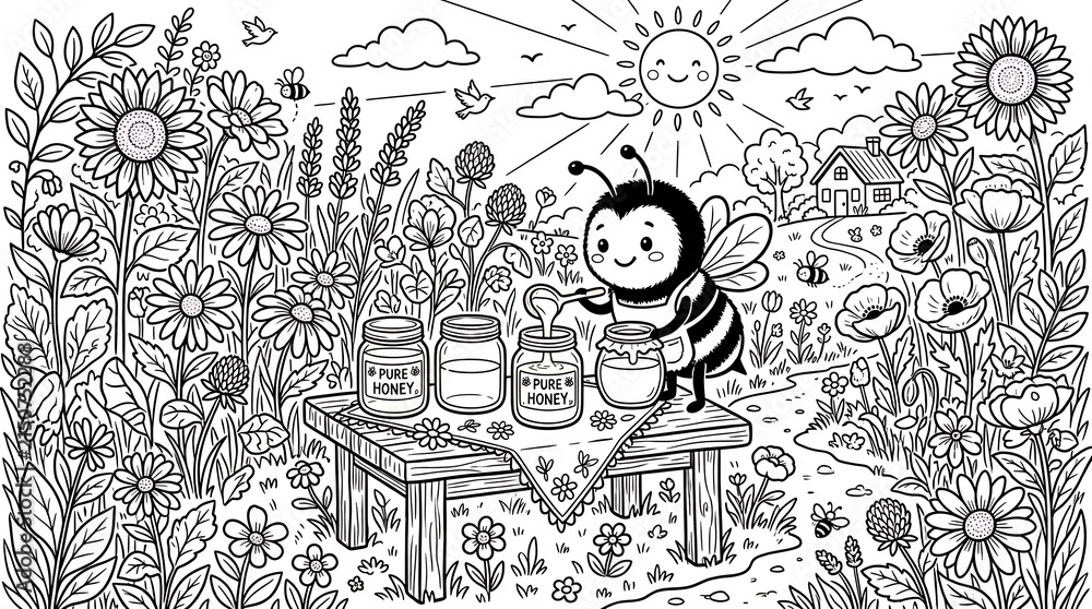 Fototapeta premium A happy bee wearing an apron pouring honey into glass jars on a wooden table surrounded by sunflowers and wildflowers coloring page