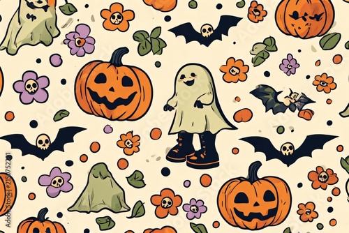 ia generated seamless pattern of cute halloween doodle illustration with jack-o-lantern pumpkins, friendly ghosts, bats, and flowers on beige background. Festive seasonal pattern design.