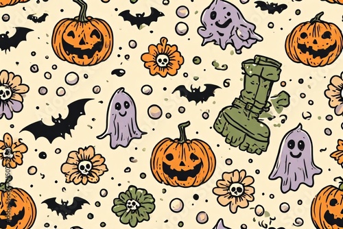 ia generated seamless pattern of cute halloween doodle illustration with jack-o-lantern pumpkins, friendly ghosts, bats, and flowers on beige background. Festive seasonal pattern design.