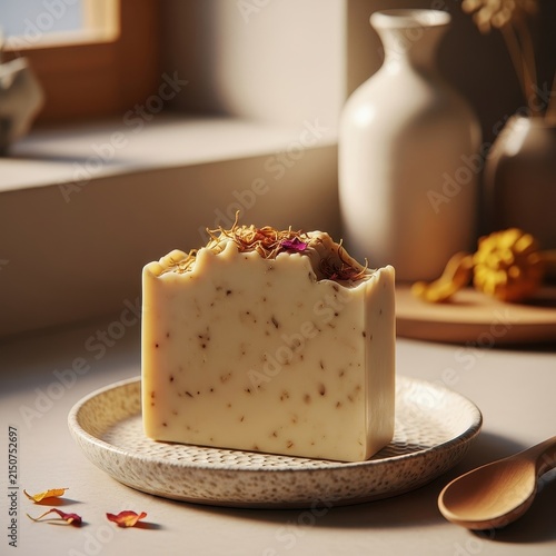 Handmade Botanical Bar Soap with Dried Flowers and Herbs, Presented on a Textured Plate