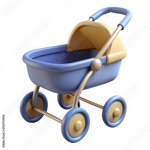 Cute Blue 3D Baby Carriage with Yellow Hood Isolated on Pure White Background