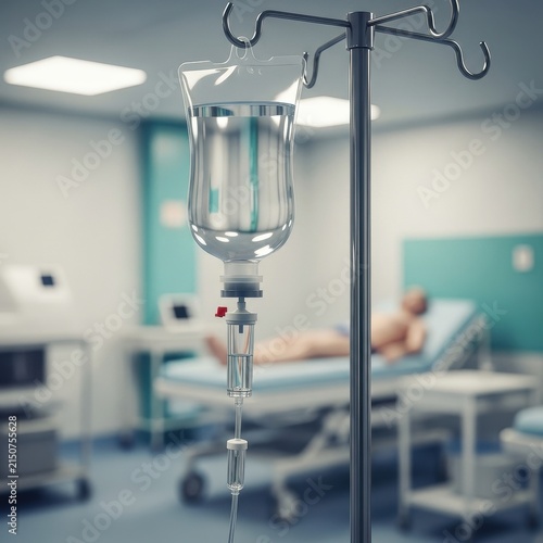 Medical intravenous fluid drip bag hanging on a stand in a hospital room with a patient on a bed in the background