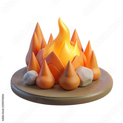 3D stylized campfire with glowing orange flames isolated on white background for design assets