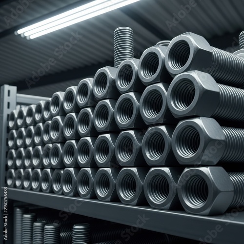 Neatly arranged stack of industrial metal bolts and nuts on warehouse shelving