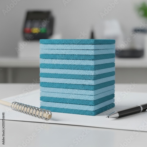 Neatly stacked square blue note pads with pen and pencil on a desk