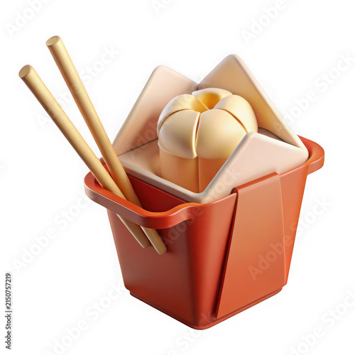 3D Illustration Of A Chinese Food Takeout Box With Chopsticks Isolated On White Background