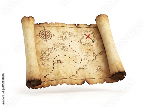 Old vintage treasure map on a rolled paper scroll with a compass rose and a marked red cross for adventure