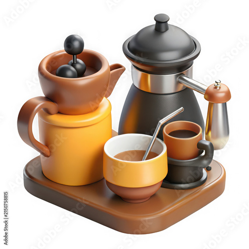 Modern 3D coffee maker set with cups moka pot and teapot on brown tray rendered on white background