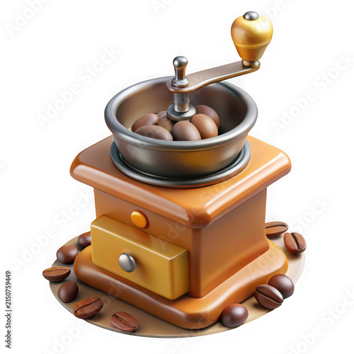 Antique manual coffee grinder with roasted coffee beans, vintage kitchen appliance for fresh grinding