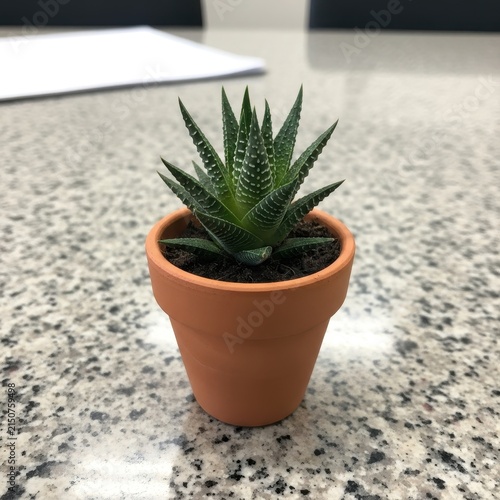 Small green succulent plant in a terracotta pot sitting on a speckled countertop
