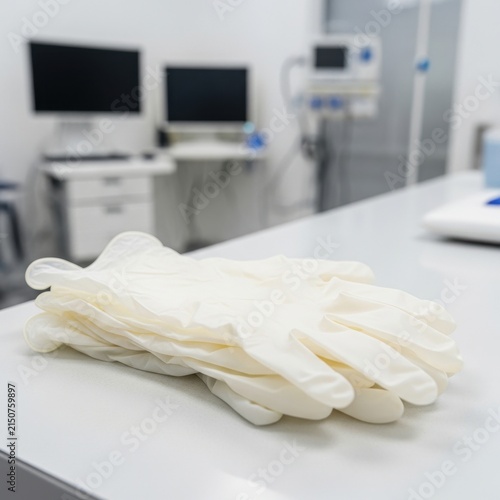 Stack of Sterile White Disposable Medical Examination Gloves on a Clean Surface in a Clinic