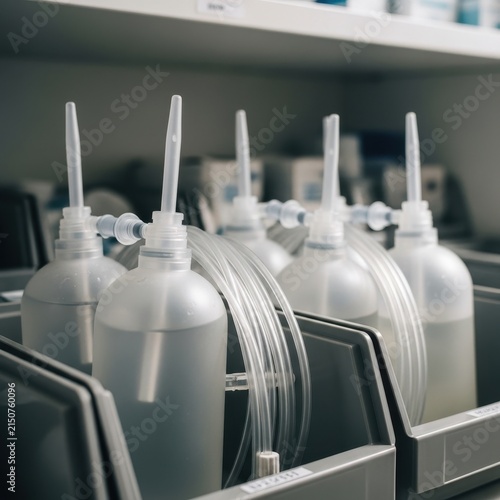 Sterile disposable enema bags with tubing arranged in a medical setting rack