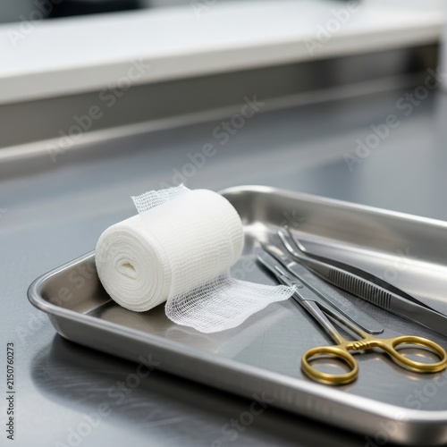 Sterile medical supplies including a gauze roll and surgical instruments on a metal tray