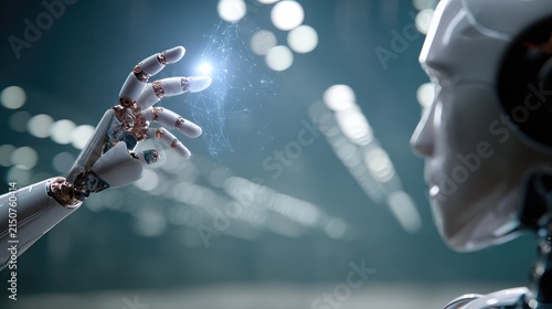 Robot Touch: A humanoid robot's metallic hand delicately touches a glowing orb of light, symbolizing the intersection of artificial intelligence and the intangible world.
