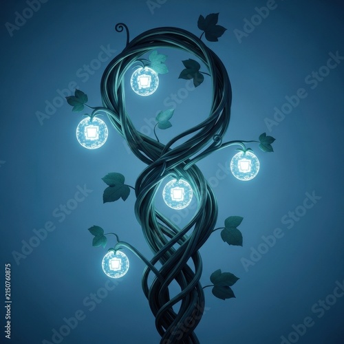 Twisted Vine with Illuminated Orbs and Leaves Casting a Blue Glow