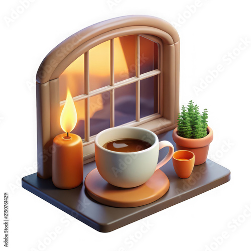 Cozy autumn evening scene with coffee cup, glowing candle, and plant by window at sunset 3D render on white