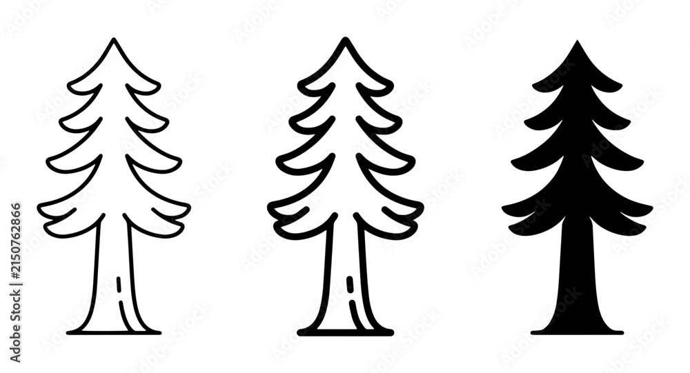 Obraz premium Conifer Tree Icons, Evergreen Forest Symbols, Pine Silhouette, Stylized Woodland Vector Graphics