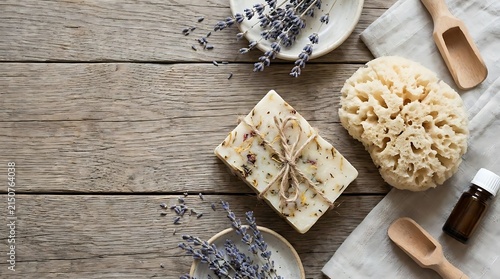Handmade lavender soap with sea sponge on wood.