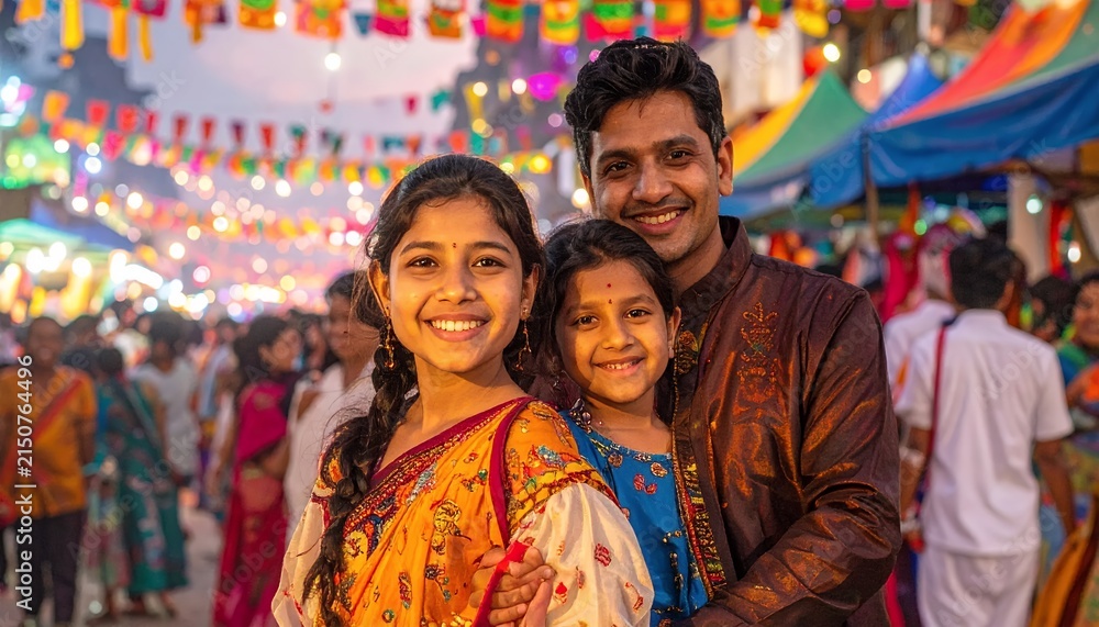 Naklejka premium Happy Indian Family Celebrating Festival Outdoors.